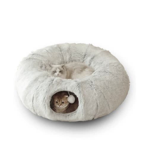 V888-ELOSUNG16329-215784-00 Grey Luxury Plush Cat Bed with Hidden Tunnel - Soft Round Pet Bed for Cats and Small Dogs - Image 1