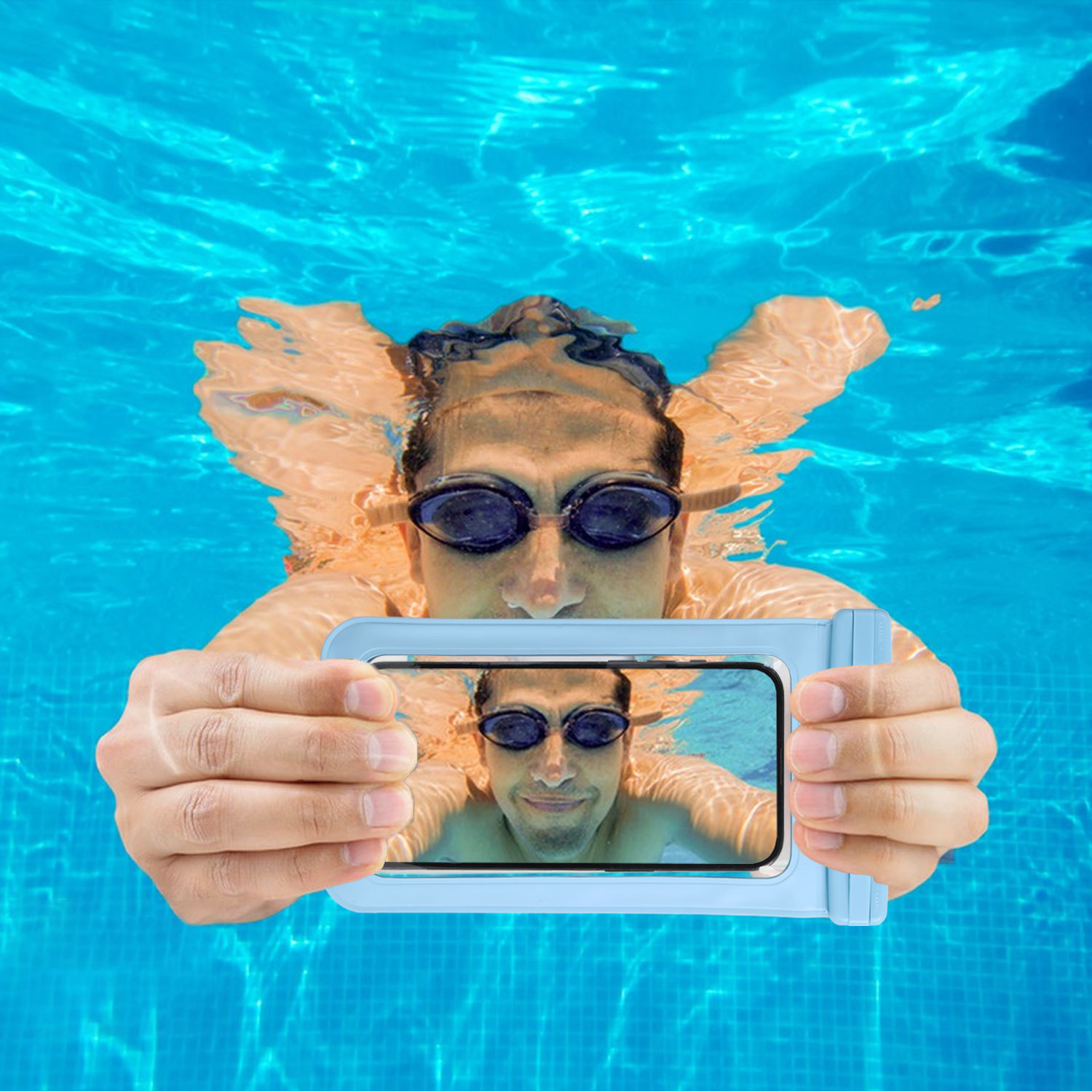 V888-ELOSUNG16430-216048-01 Light Blue Four Pieces Per Set Waterproof Phone Pouch with Clear Touchscreen Window and Lanyard - Image 1