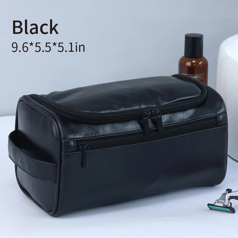 V888-ELOSUNG16434-216053-00 Black Premium PU Leather Travel Toiletry Bag with Zipper Compartments - Image 1