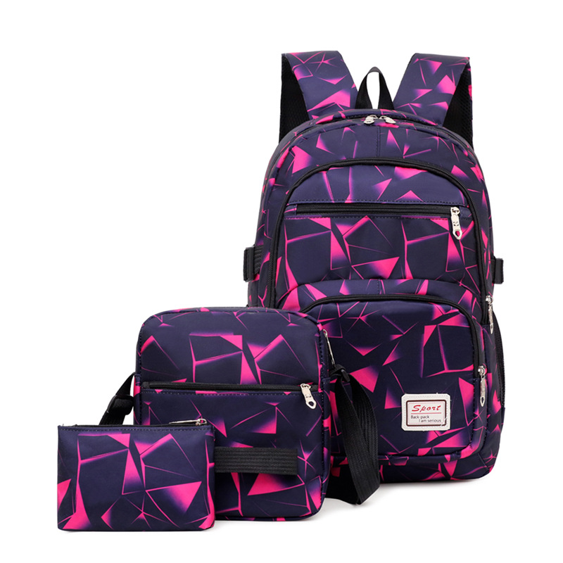 V888-ELOSUNG16550-216549-00 Rose-red Stylish 3-Piece Backpack Set with Unique Geometric Design - Image 1