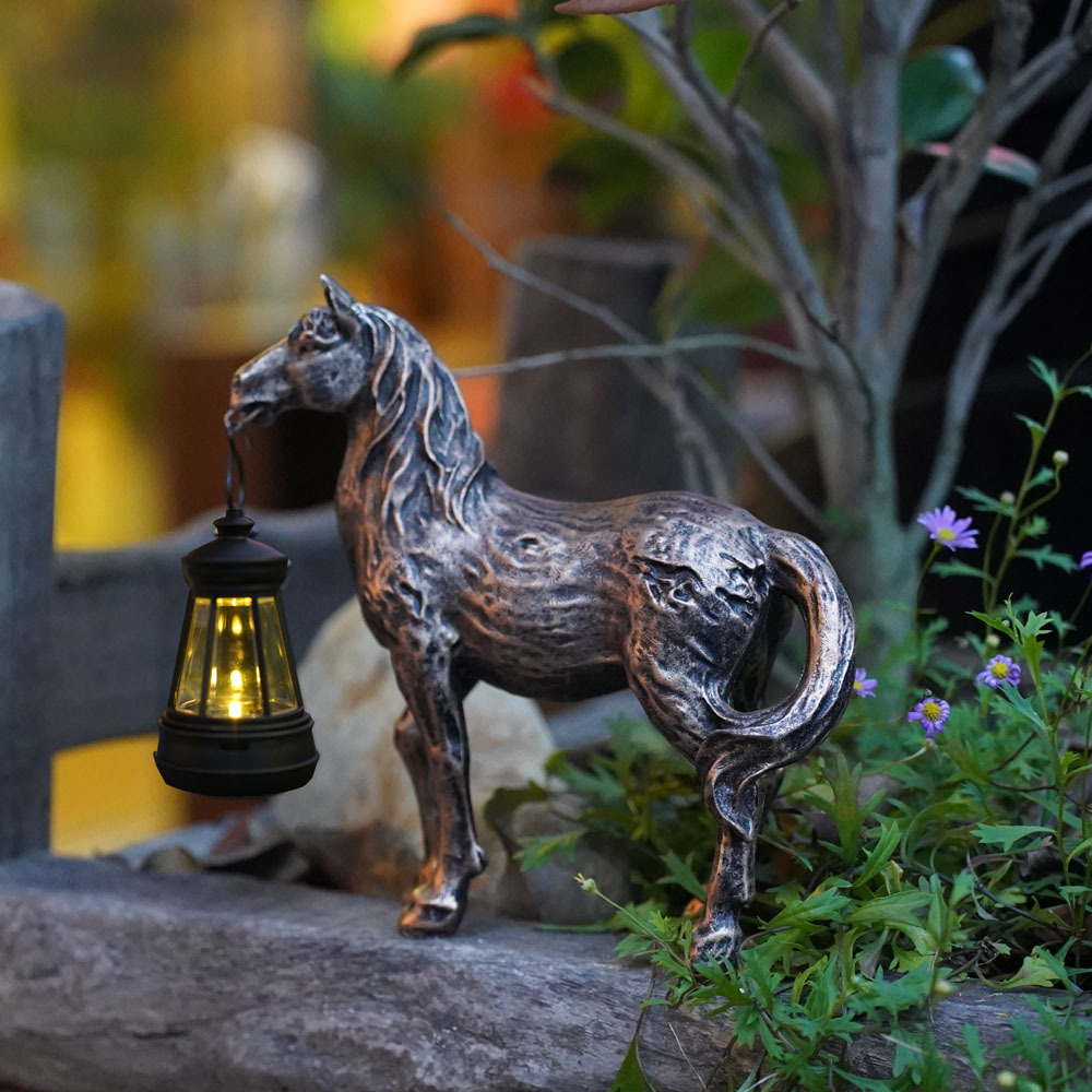 V888-ELOSUNG16738-223300-00 Brown Solar-Powered Horse Statue with LED Lantern - Rustic Outdoor Garden Ornament - Image 1