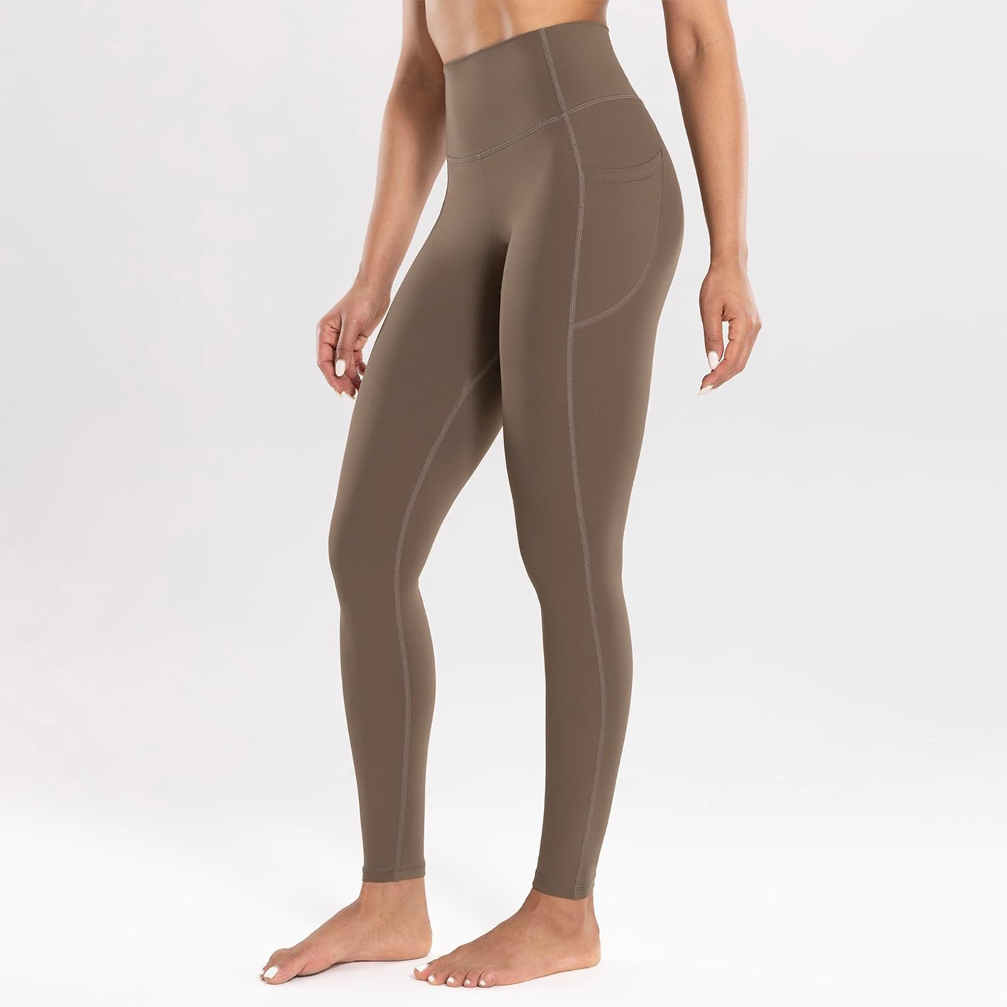 V888-ELOSUNG16854-224655-00 L Dark Khaki High-Waist Seamless Yoga Leggings with Pockets - Ultra Soft & Quick-Dry Workout Tights - Image 1