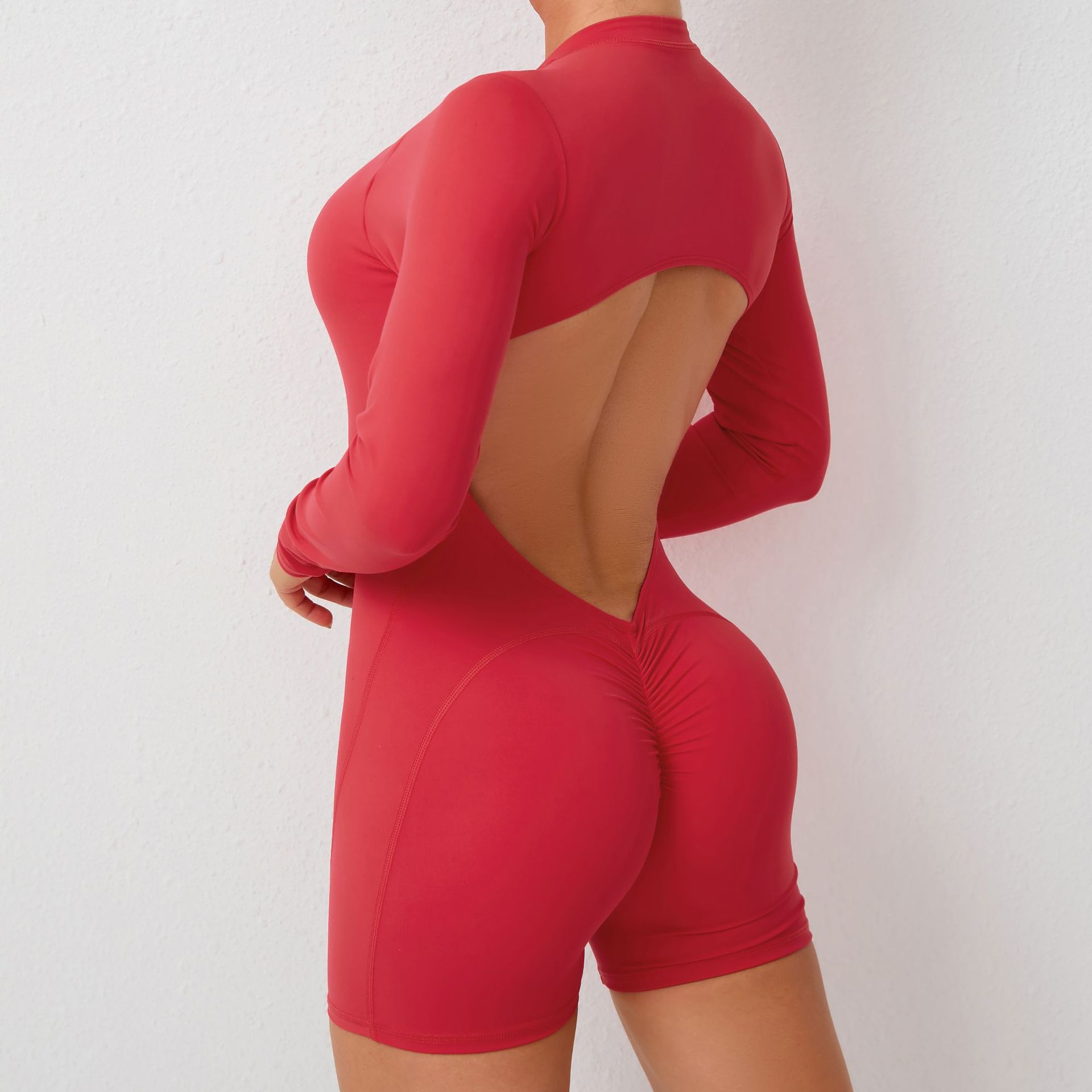 V888-ELOSUNG16881-224793-00 L Red Backless Scrunch Butt Workout Jumpsuit - Long-Sleeve Open-Back Yoga Romper - Image 1