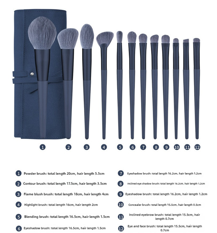 V888-ELOSUNG17006-214014-00 Dark Blue 12-Piece Professional Makeup Brush Set with Cosmetic Bag - Premium Synthetic Fiber, Wooden Handle, Aluminum Tube - Image 1