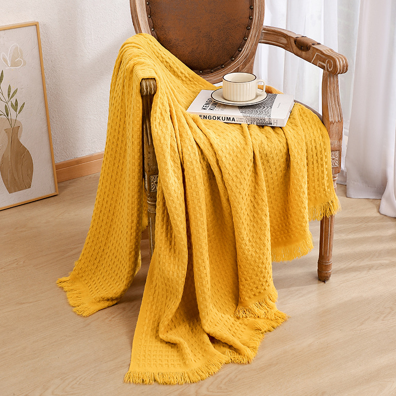 V888-ELOSUNG17042-214275-00 130*230CM Bright Yellow Nordic Solid Color Knitted Sofa Throw Blanket with Tassels - Waffle Weave Polyester Decorative Blanket - Image 1