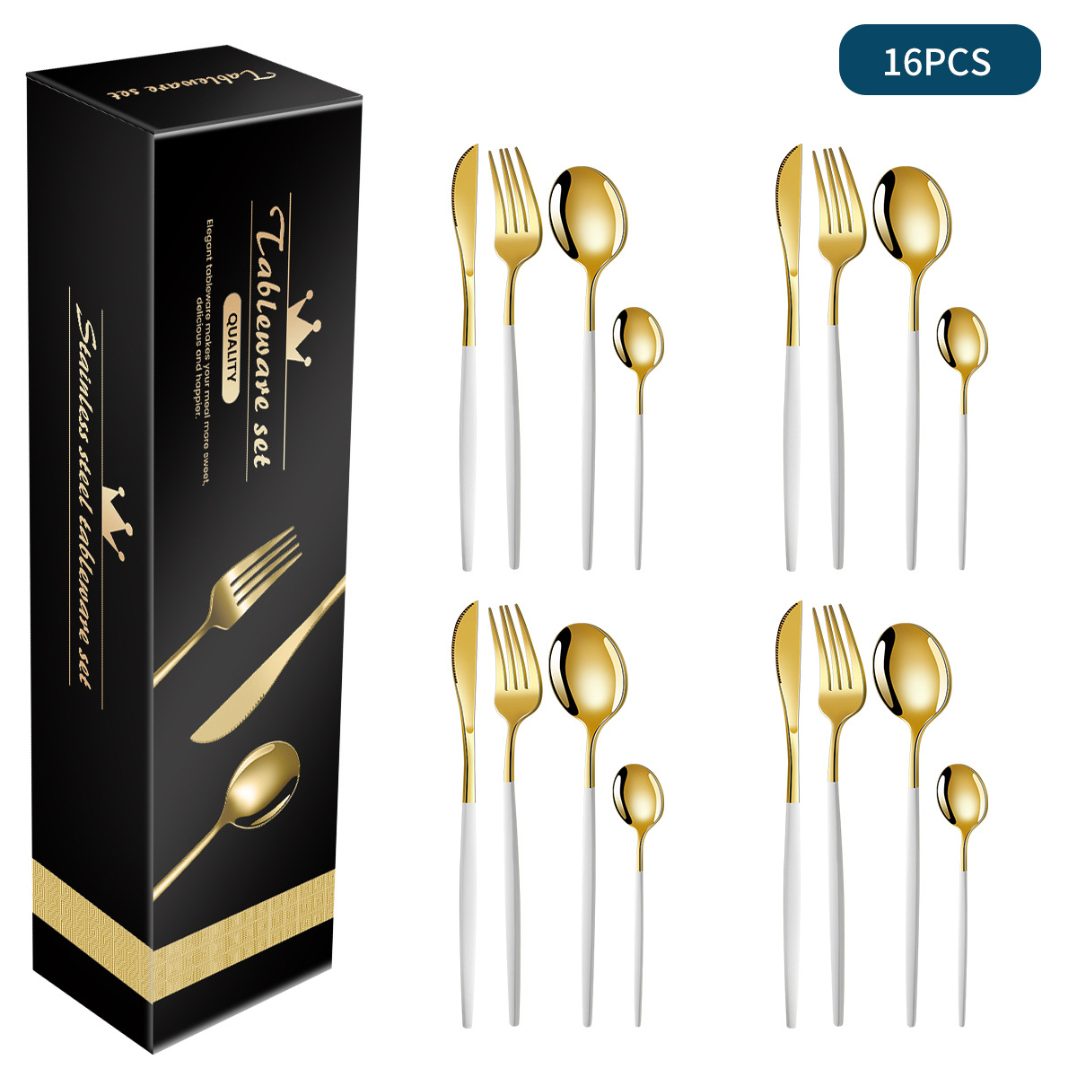 V888-ELOSUNG17138-214500-00 White And Gold Patchwork Colours 410 Stainless Steel 16-Piece Flatware Set - Elegant Dinnerware with Knife, Fork, Spoon for 4 People - Image 1