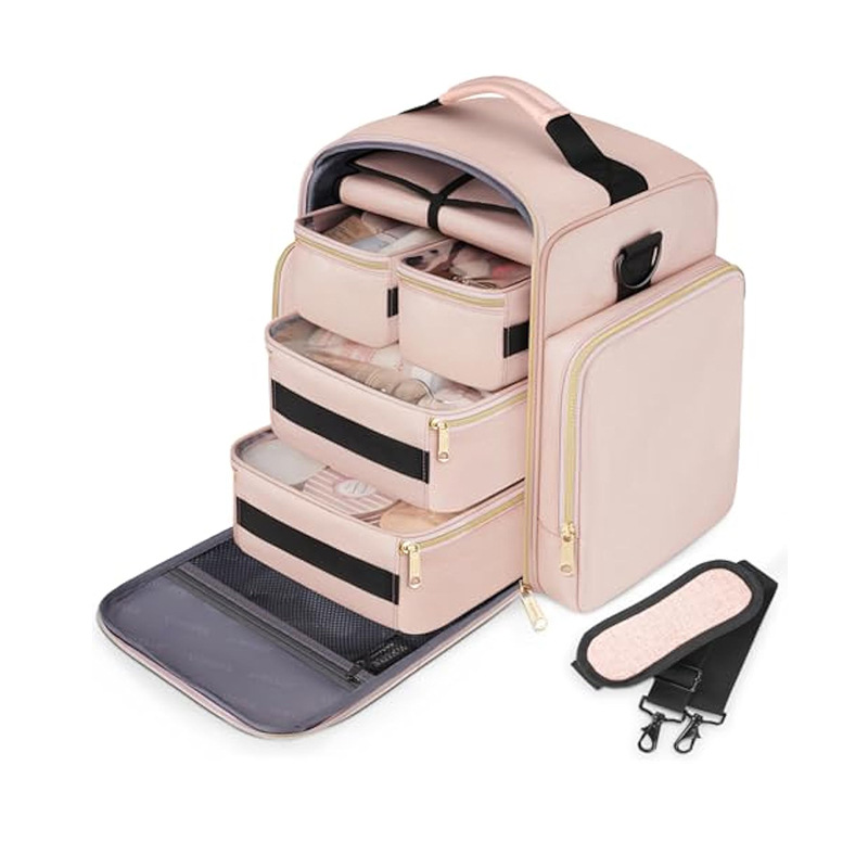 V888-ELOSUNG17154-214475-00 Pink 4-in-1 Travel Cosmetic Organizer Bag with Detachable Polyester Storage Boxes and Jewelry Roll, Multiple Compartments, Portable Makeup Bag - Image 1
