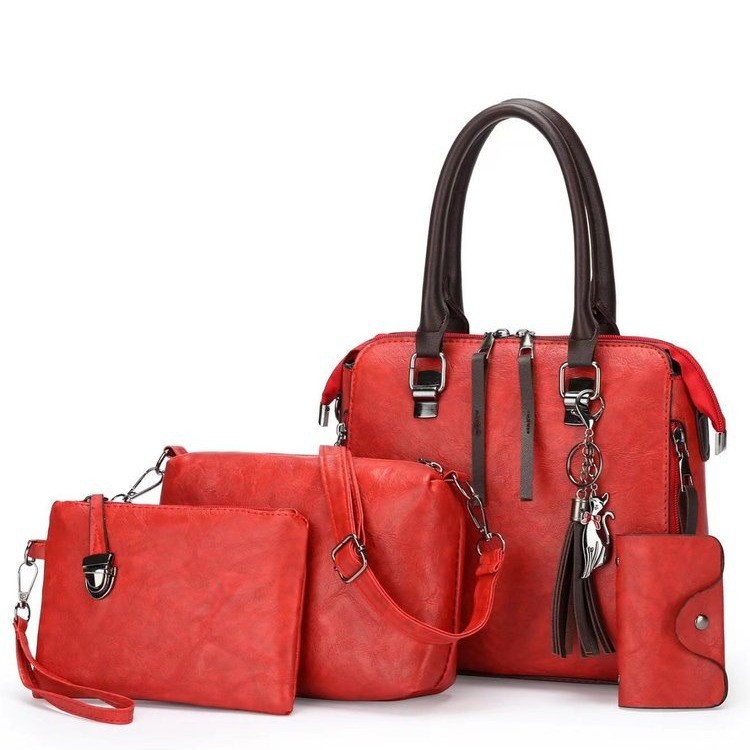 V888-ELOSUNG17356-215698-00 Red 4-Piece Women's PU Leather Tote Bag Set - Vintage Handbag, Shoulder Bag, Clutch, and Card Holder - Lightweight Design - Image 1