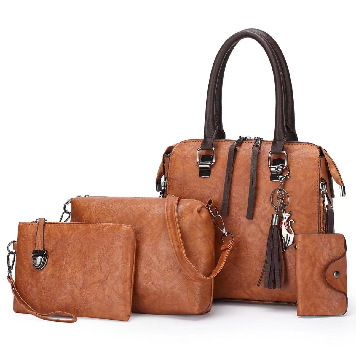 V888-ELOSUNG17358-215700-00 Brown 4-Piece Women's PU Leather Tote Bag Set - Vintage Handbag, Shoulder Bag, Clutch, and Card Holder - Lightweight Design - Image 1