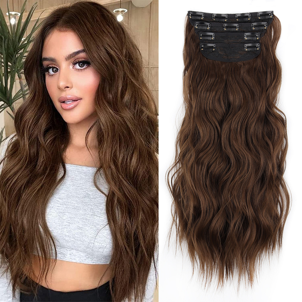 V888-ELOSUNG17508-216313-00 4 Pcs Set Coffee High-Quality Wavy Clip-In Hair Extensions Set - 50cm, 200g, Synthetic Fiber - Voluminous Beach Waves for Instant Hair Makeover - Image 1