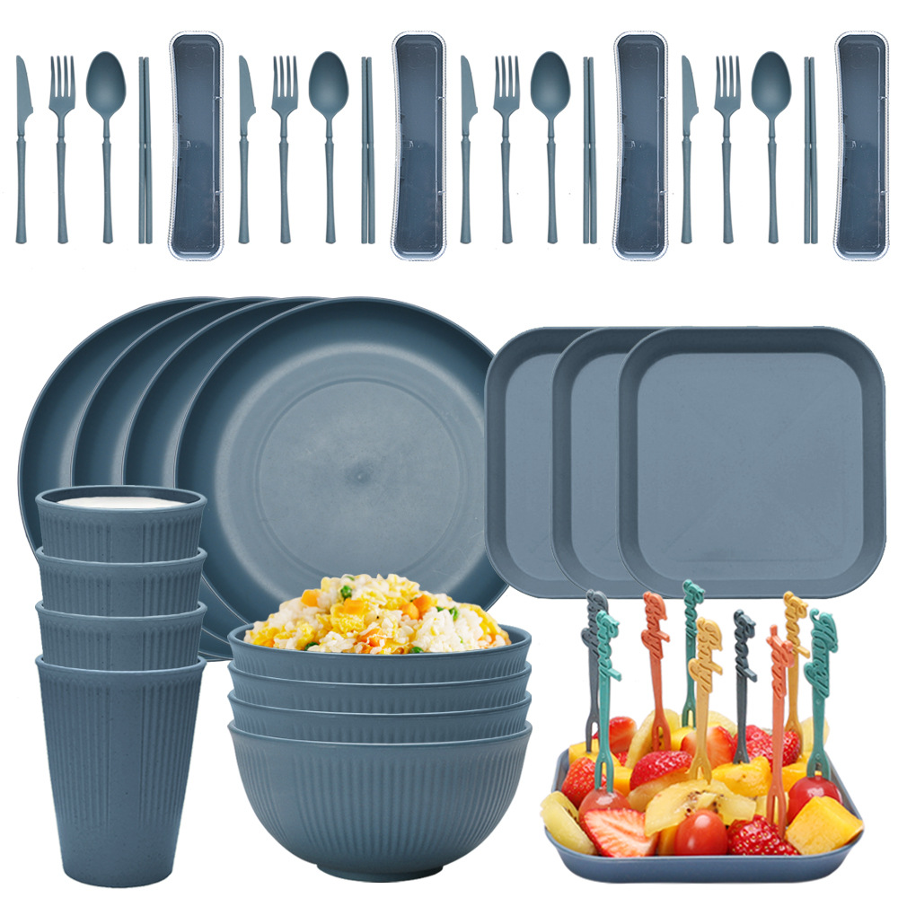 V888-ELOSUNG17617-216656-00 Four-person Set Blue Eco-Friendly Wheat Straw Dinnerware Set, Plate, Bowl, Cup & Utensil Set - Lightweight, Reusable, and Durable for Home, School, and Travel - Image 1