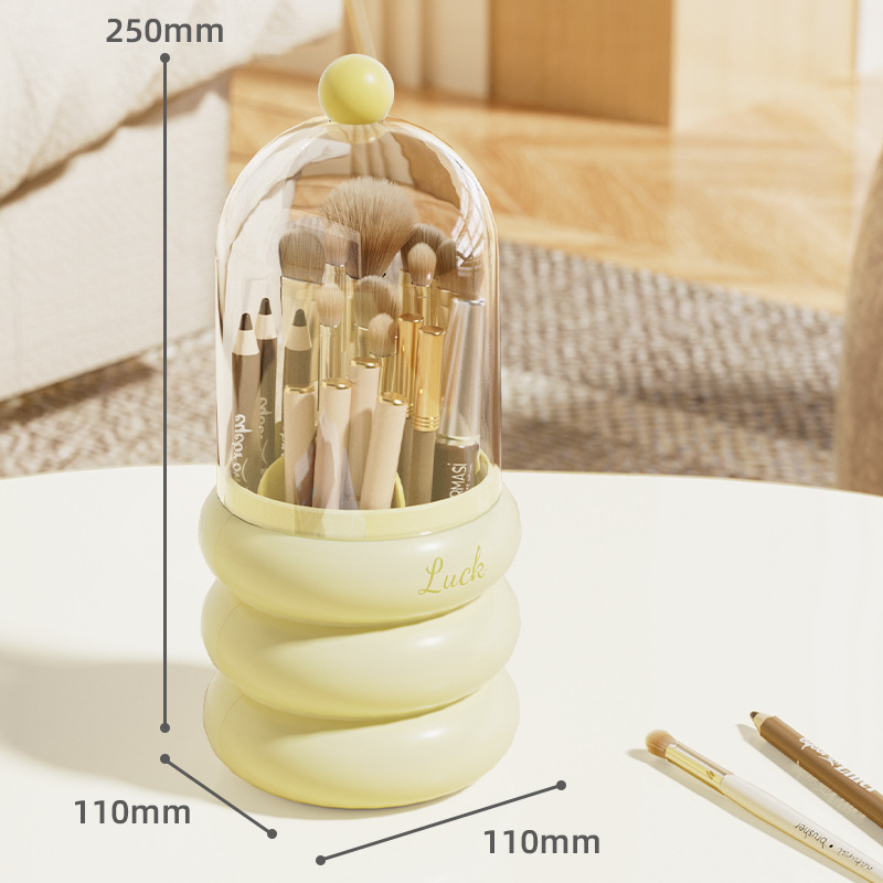 V888-ELOSUNG17659-218424-00 Yellow 360° Rotating Makeup Brush Holder with Clear Dome – Stylish Organizer for Vanity, Desk, and Bathroom - Image 1