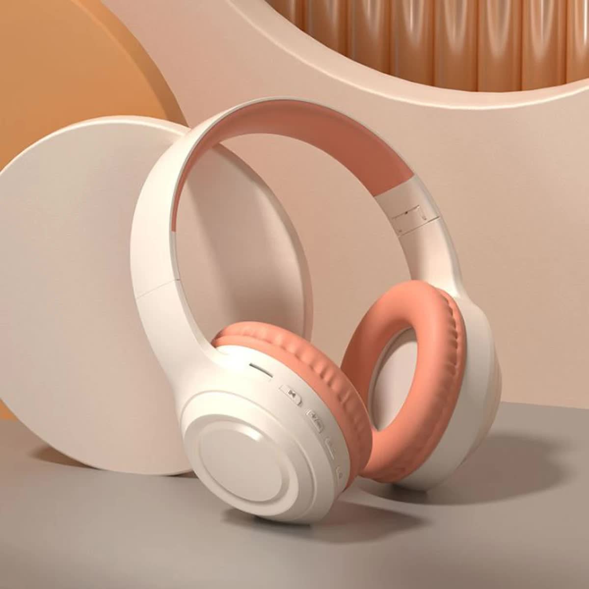 V888-ELOSUNG17725-222274-00 Off White and Orange Wireless Headphones - 400mAh, 16H Playtime, SD Card & Aux Support - Image 1