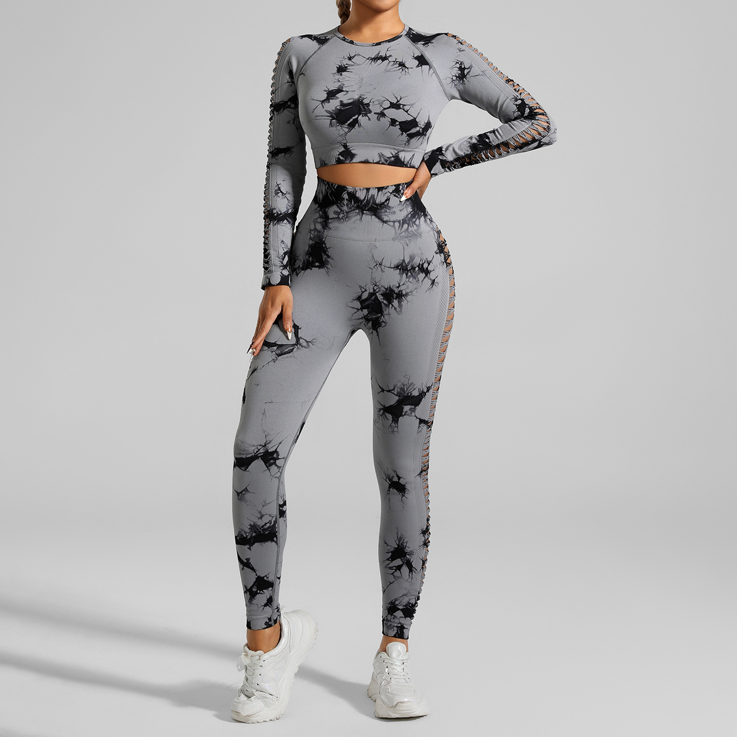 V888-ELOSUNG17841-224413-00 Light Gray Size M Tie-Dye Yoga Set Long Sleeve Butt Lift Leggings Seamless Workout Training Gym Clothes - Image 1