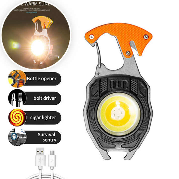 V888-ELOSUNG18101-202503211652-00 2PCS Orange Multi-Function COB Work Light with Carabiner - 500LM Flashlight, Lighter & More - Image 1
