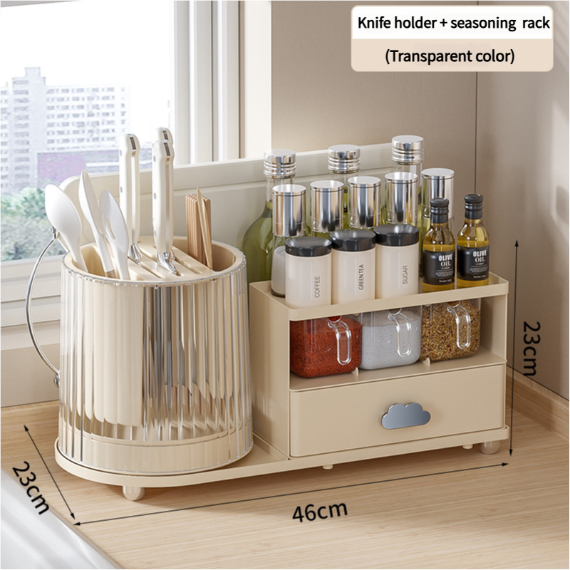 V888-ELOSUNG18157-202504211152-00 All-in-One Kitchen Countertop Organizer | Rotating Utensil Holder, Knife Block & Spice Rack with Drawer | Transparent color - Image 1