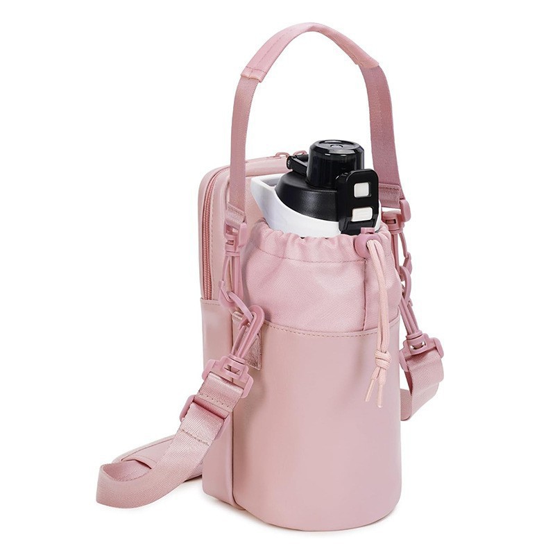 V888-ELOSUNG18201-202504281526-00 Pink Stylish Water Bottle Carrier Bag with Phone Pocket, Key Clip & Adjustable Strap - Crossbody Sling Holder - Image 1