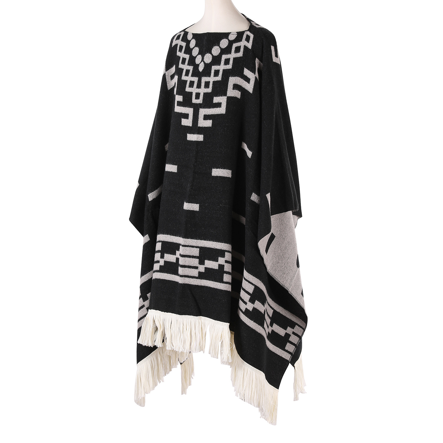 V888-ELOSUNG18217-202504291607-00 Black Women's Versatile Faux Cashmere Poncho Cape Shawl with Geometric Pattern & Fringe Trim - One Size - Image 1