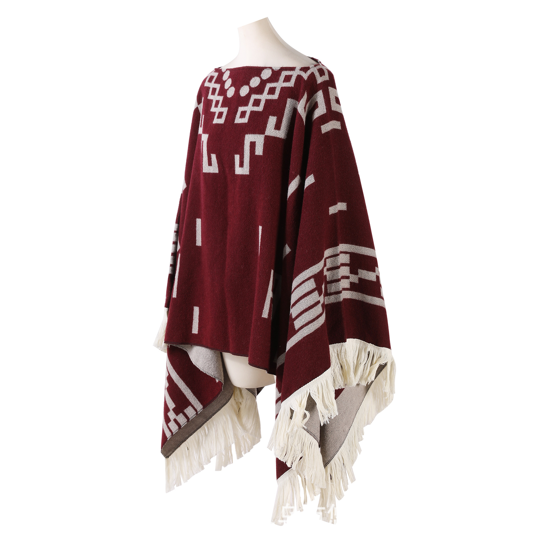 V888-ELOSUNG18221-202504291608-00 Wine red Women's Versatile Faux Cashmere Poncho Cape Shawl with Geometric Pattern & Fringe Trim - One Size - Image 1