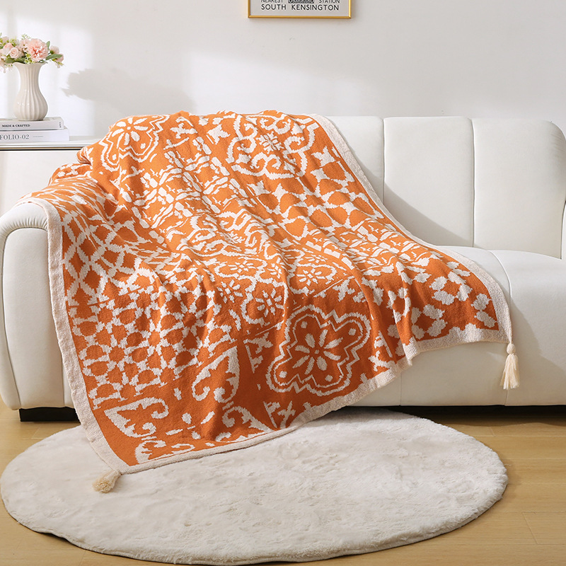 V888-ELOSUNG18280-202505231211-00 Bohemian Style Sofa Throw Blanket - Orange Soft Faux Cashmere, 130x170cm (850g) for Office Naps & AC Cover - Image 1