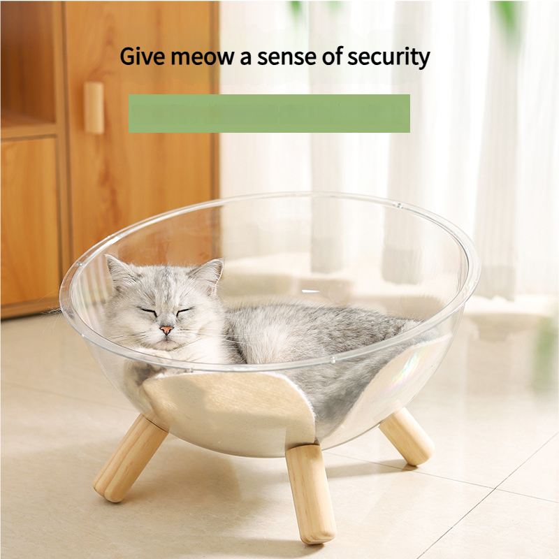 V888-ELOSUNG18309-202506101840-00 Luxury Transparent Cat Bed with Wooden Legs - Stylish Pet Nest - Image 1