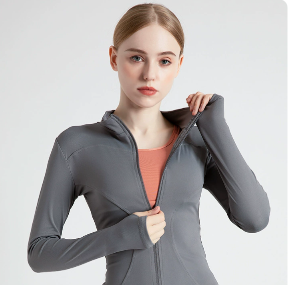V888-ELOSUNG19014-224623-00 S Grey High-Stretch Slim Fit Yoga Jacket - Full Zip Workout Sports Jacket for Women - Image 1