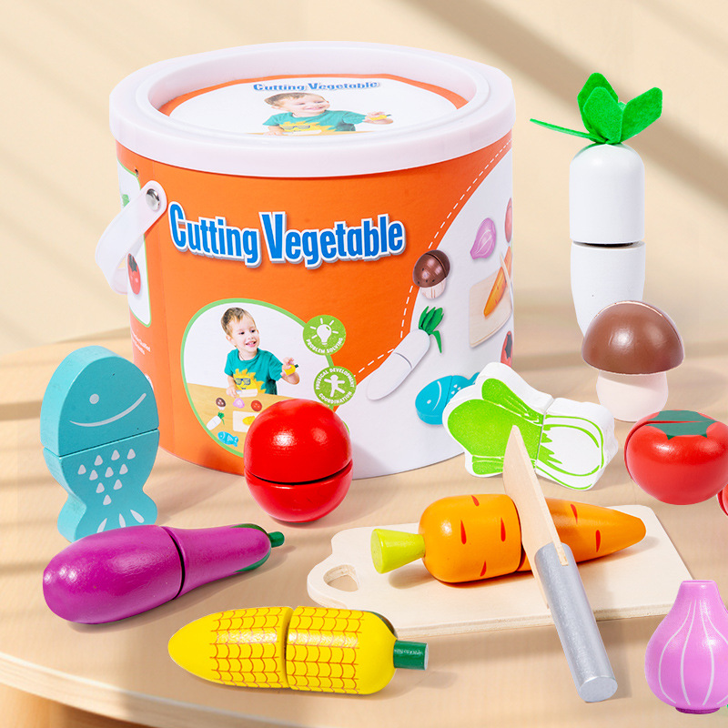 V888-ELOSUNG19154-227239-00 Kids Wooden Vegetable Cutting Toy Set - 18x15cm, Includes Knife, Fish, Carrot, Tomato & More - Image 1