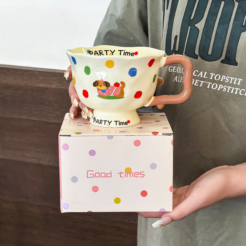 V888-ELOSUNG19222-202502241553-00 Polka Dog Kitten Cute Ceramic Mug for Women - 370ml Kawaii Coffee Tea Cup Home Use - Image 1