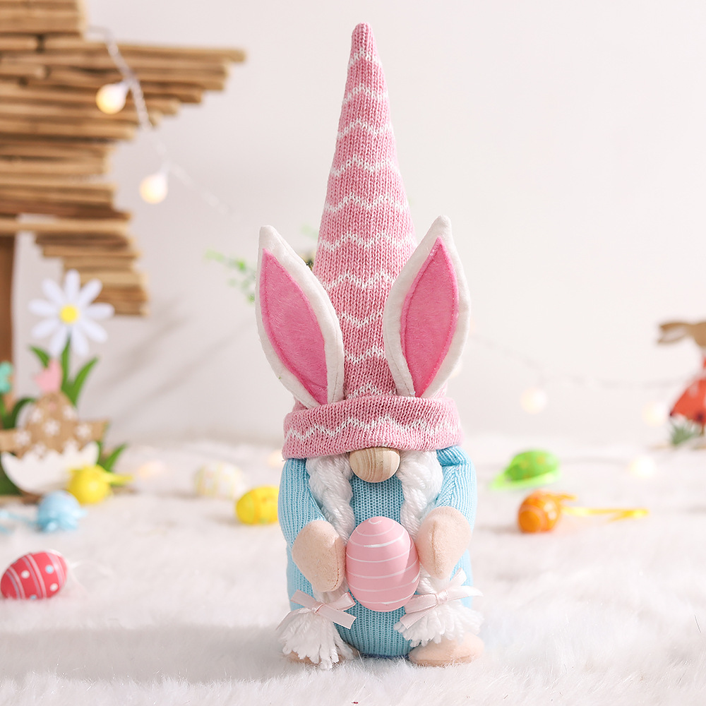 V888-ELOSUNG19509-202503071437-00 Big Pink Fat Doll Easter Gnome Doll - Knitted Fabric with Egg and Bunny Ears Decor - Image 1