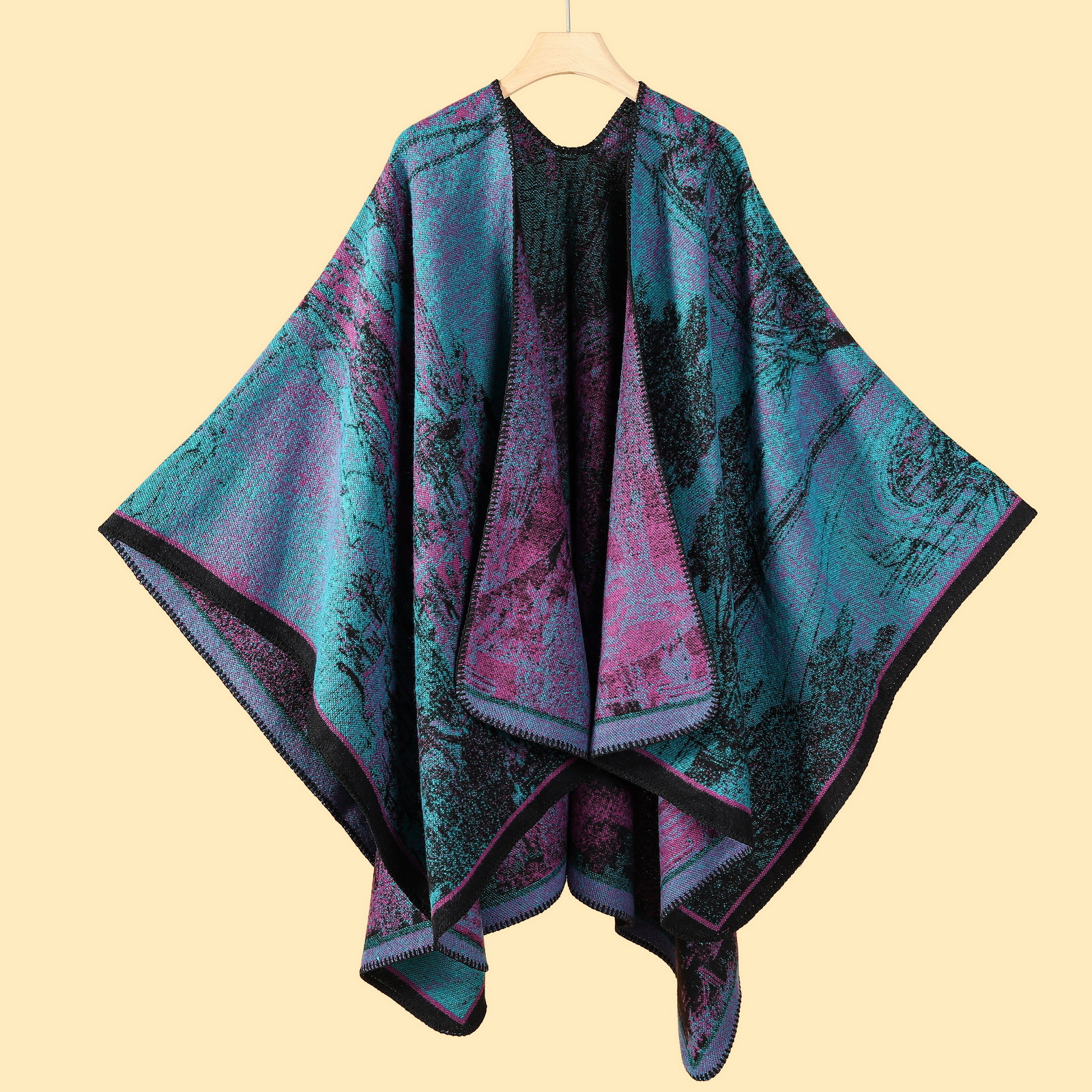 V888-ELOSUNG19653-202503111115-00 Jiangnan Waterfront - Purplish Blue Elegant Autumn Winter Shawl - Artistic Split-Design Knit Cloak with Oil Painting Style - Image 1