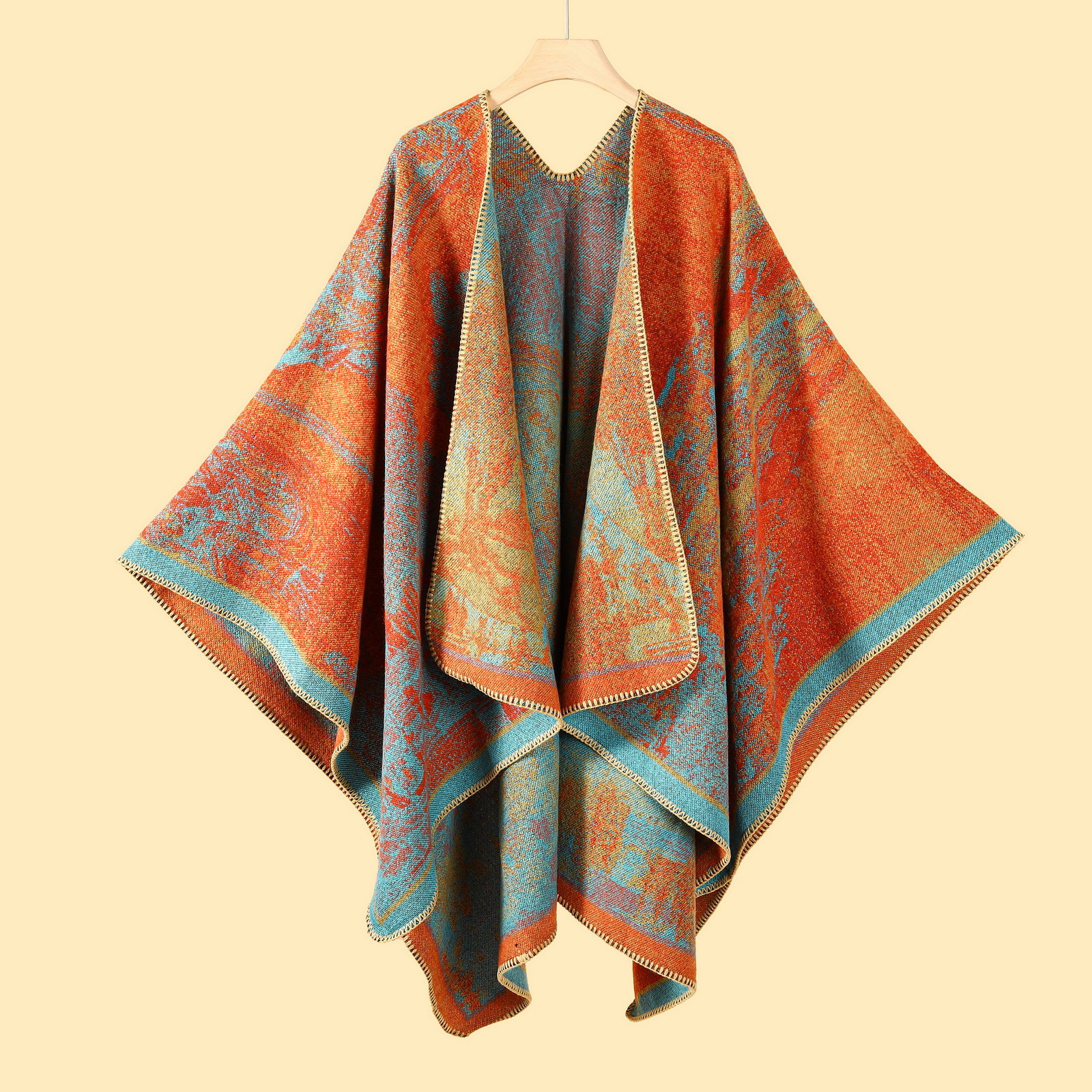 V888-ELOSUNG19654-202503111115-00 Jiangnan Waterfront - Orange Blue Elegant Autumn Winter Shawl - Artistic Split-Design Knit Cloak with Oil Painting Style - Image 1