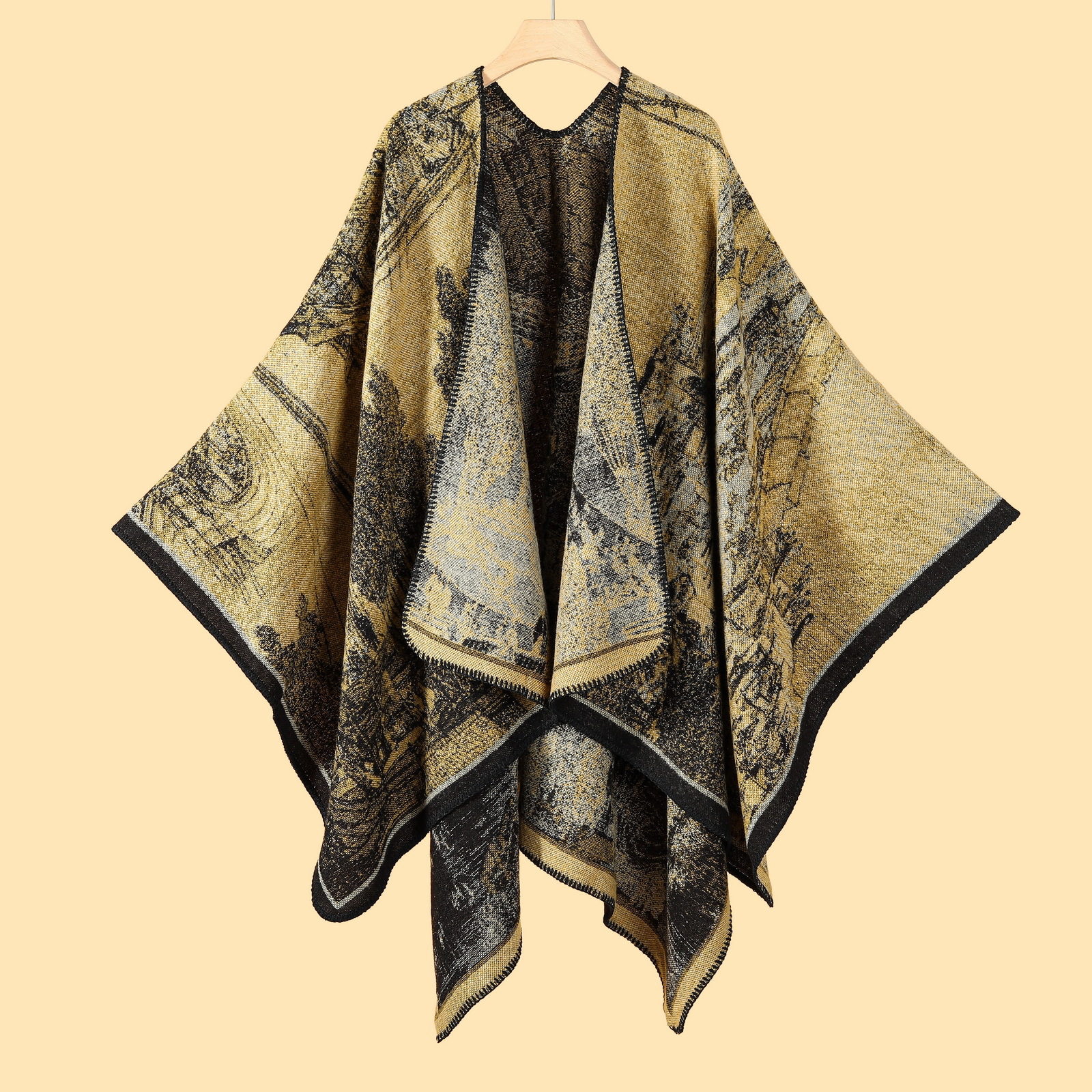 V888-ELOSUNG19655-202503111115-00 Jiangnan Waterfront - Yellowish Brown Elegant Autumn Winter Shawl - Artistic Split-Design Knit Cloak with Oil Painting Style - Image 1