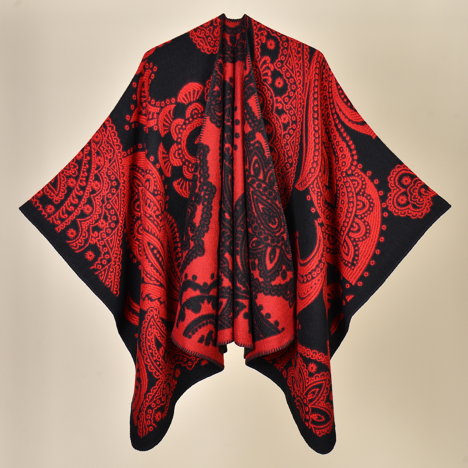 V888-ELOSUNG19693-202503111125-00 Cubic Cashew Black and Red Elegant Autumn Winter Shawl - Artistic Split-Design Knit Cloak with Oil Painting Style - Image 1
