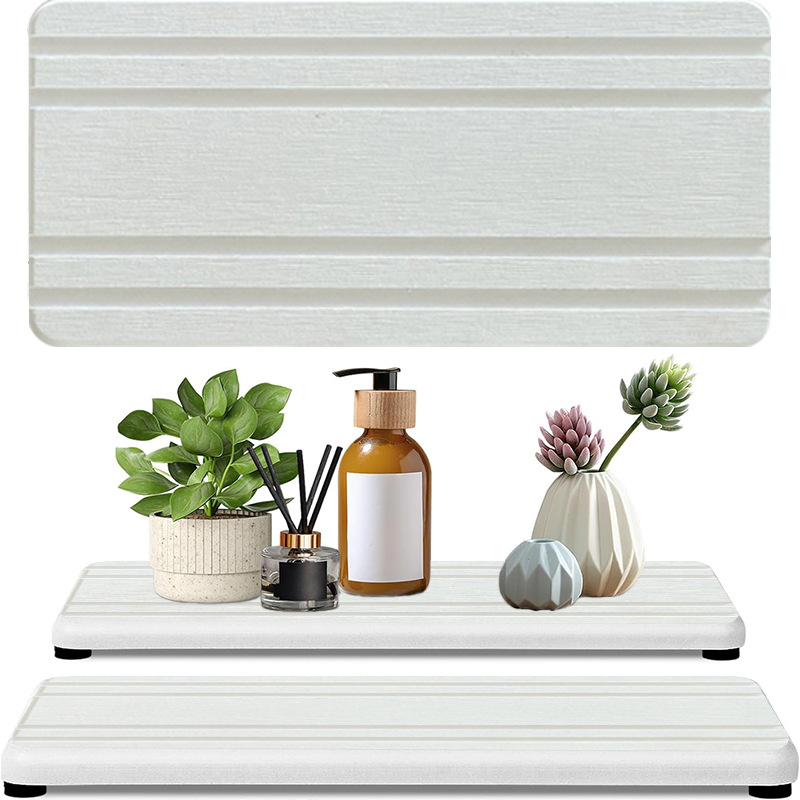 V888-ELOSUNG19714-202503121516-00 Upper And Lower Slots White 2-Piece Rectangular Diatomaceous Earth Coaster Set - Absorbent Grooved Mat for Sink and Bathroom - Image 1