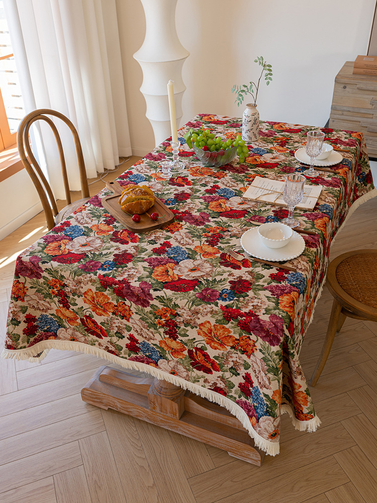 V888-ELOSUNG20021-224118-00 Floral Cotton Linen Tablecloth | Vintage Style Country Garden Design, 90x90cm - Image 1