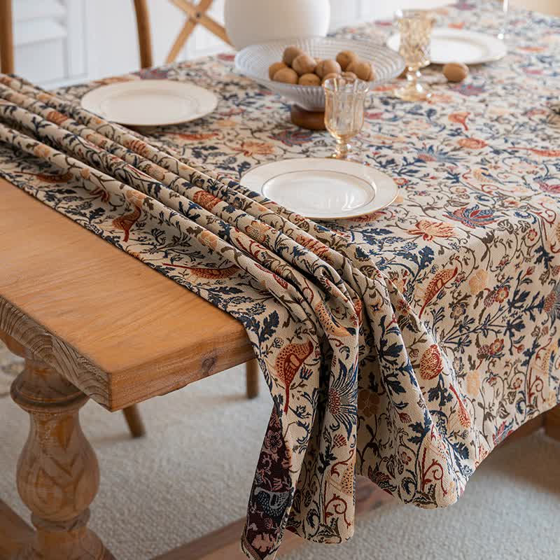 V888-ELOSUNG20028-224199-00 Floral Vintage Bird Tassel Tablecloth | Vintage Cotton and Linen Jacquard Tablecloth, 100*160cm - Image 1