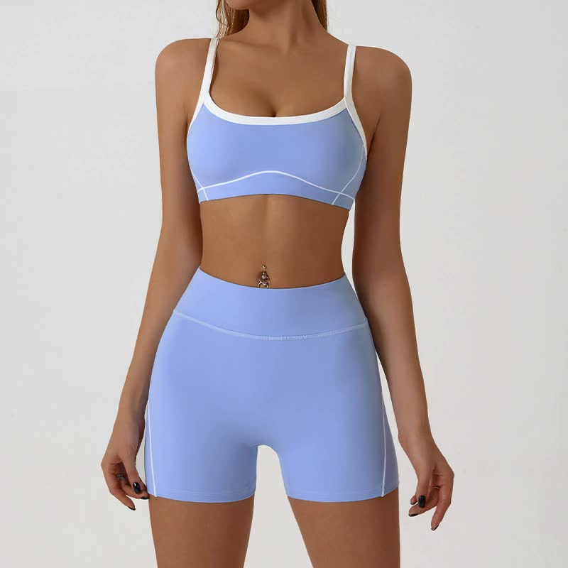 V888-ELOSUNG20076-224383-00 Blue Sporty Yoga Set with Contrast Spaghetti Straps - Slim Fit Outdoor Fitness Wear - Size M - Image 1