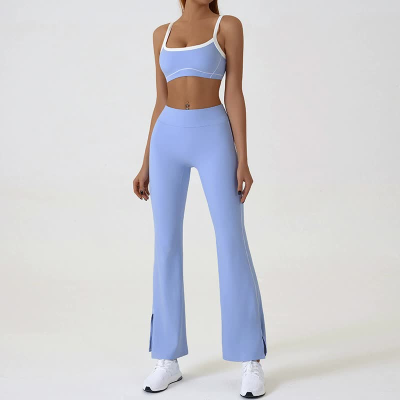 V888-ELOSUNG20089-224443-00 Blue Flared Leggings & Sports Bra Set - Breathable & Stretchy Activewear for Yoga, Running & Gym Workouts Size L - Image 1