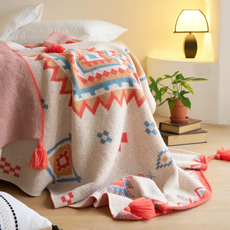 V888-ELOSUNG20327-225891-00 Orange Bohemian Geometric Tassel Throw Blanket – Soft Cotton Blend for Bedroom, Living Room, and Sofa 110x130cm - Image 1
