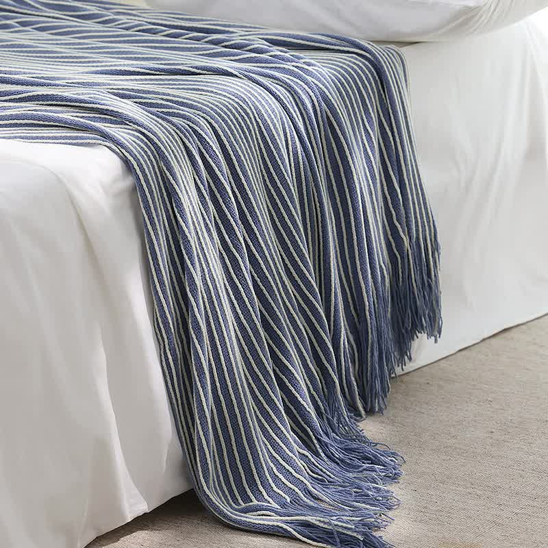 V888-ELOSUNG20347-226791-00 Blue Cozy Knit Throw Blanket with Fringe - Stylish Striped Bed End Cover, 127x220CM - Image 1