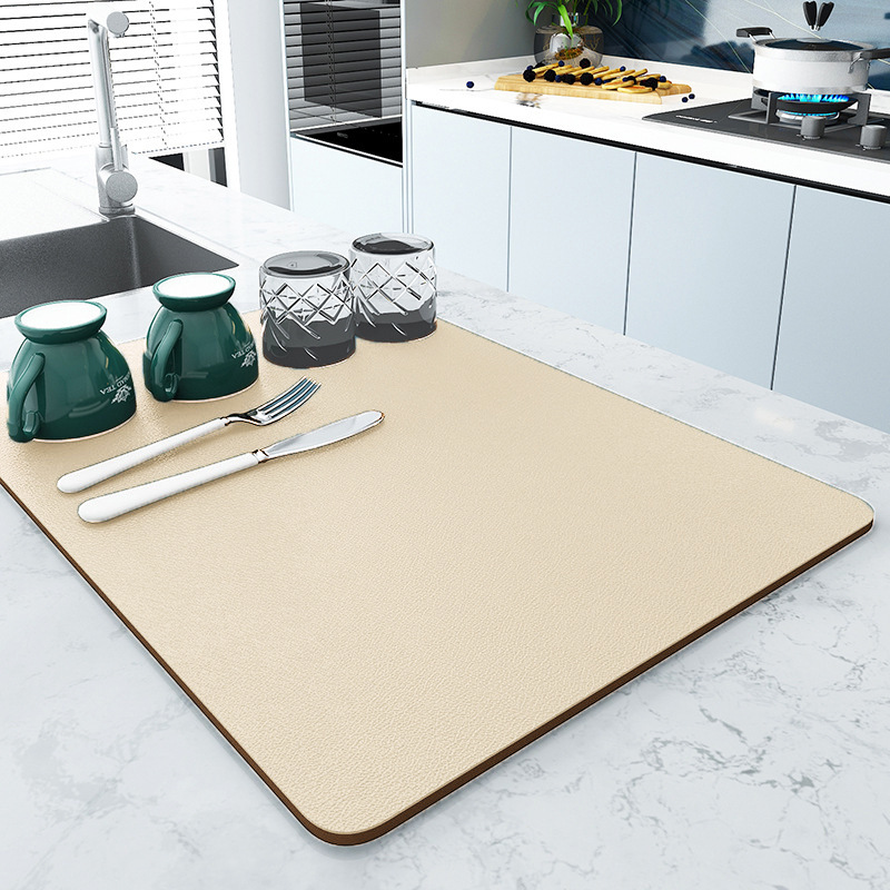 V888-ELOSUNG20498-202502241105-00 Beige Kitchen Drying Mat - Super Absorbent Dish & Cup Drainer Pad 40x50cm - Image 1