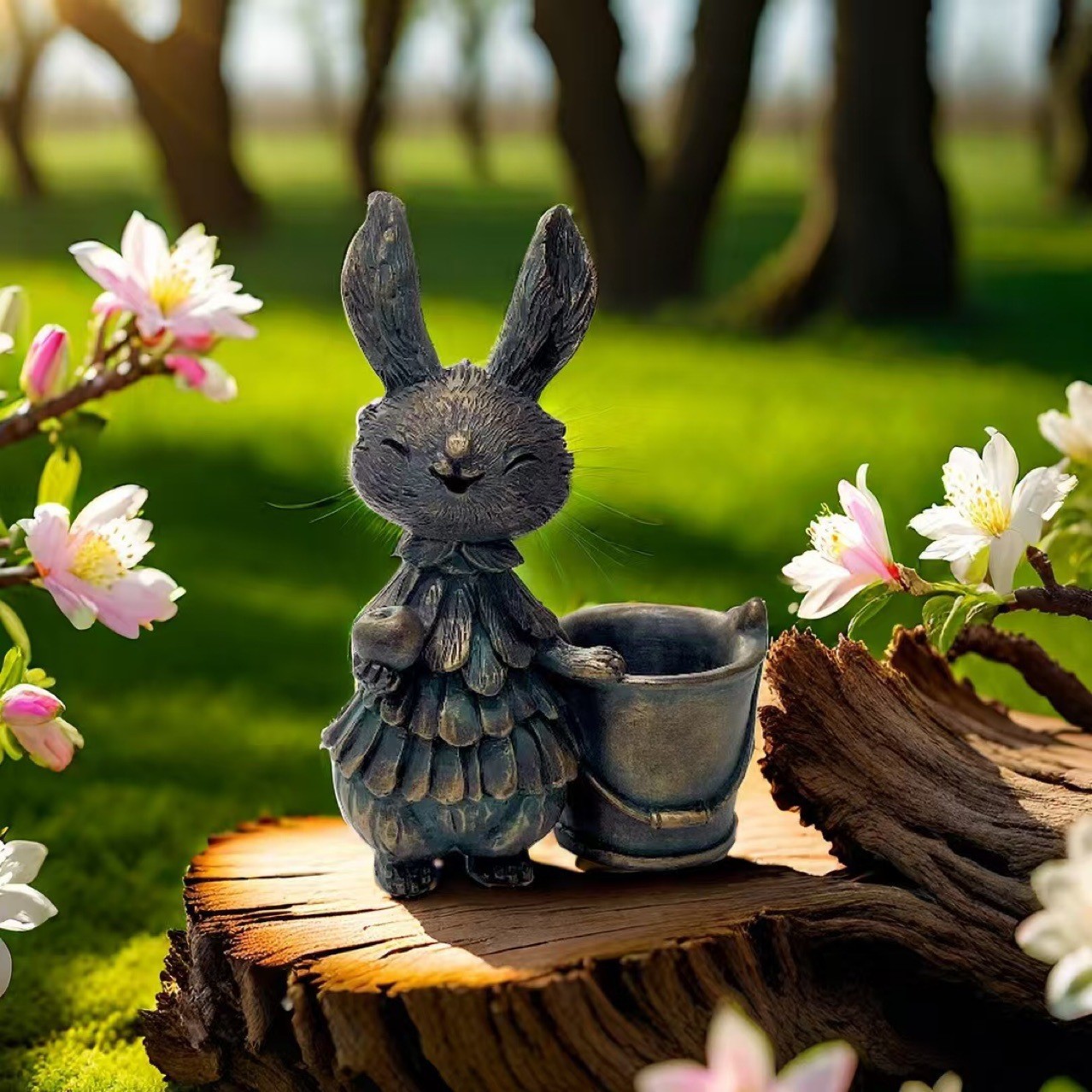 V888-ELOSUNG20547-202502251010-00 Copper Bunny with Bucket Whimsical Bunny Garden Decor - Easter Flower Pot Statue - Image 1