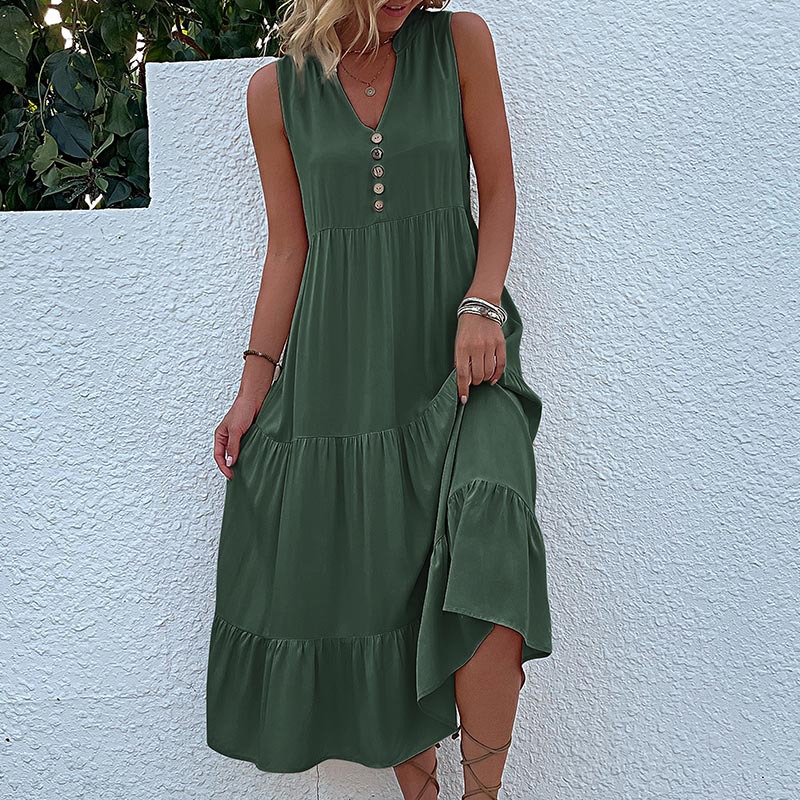 V888-ELOSUNG20565-202502261820-00 Green Flowy Sleeveless Midi Dress - Sleeveless solid sundress with decorative buttons Size M - Image 1