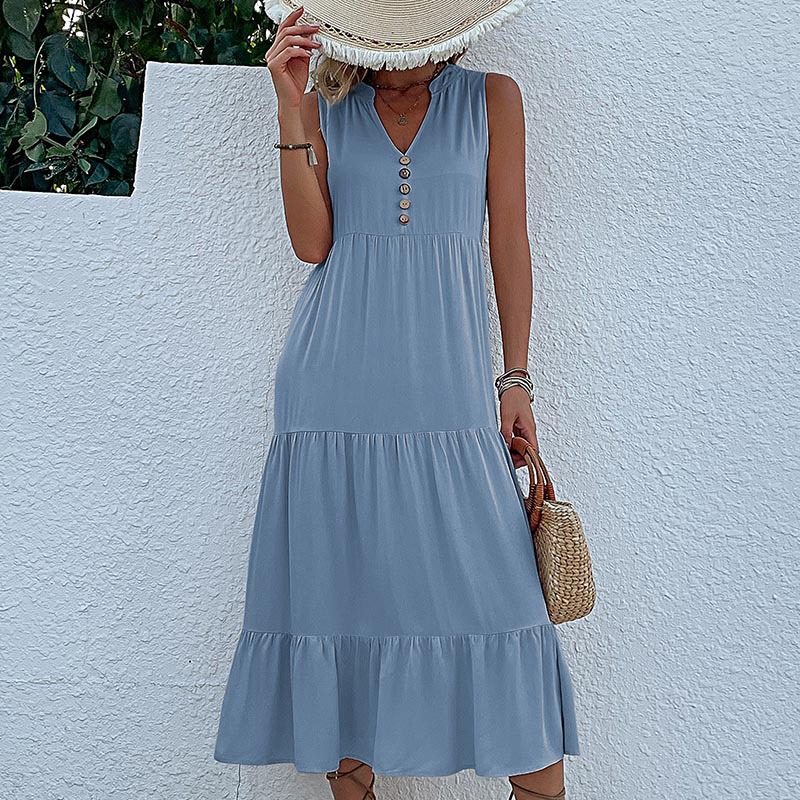 V888-ELOSUNG20568-202502261823-00 Light blue Flowy Sleeveless Midi Dress - Sleeveless solid sundress with decorative buttons Size M - Image 1