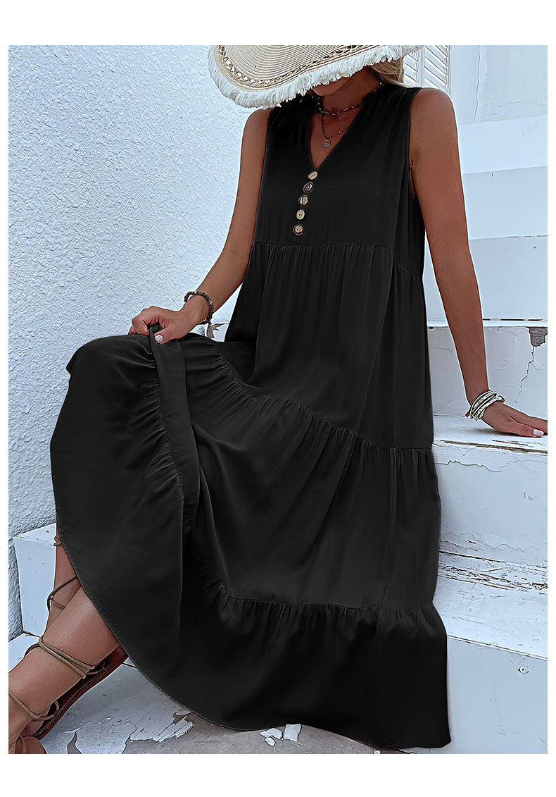 V888-ELOSUNG20584-202502261529-00 Black Flowy Sleeveless Midi Dress - Sleeveless solid sundress with decorative buttons Size XL - Image 1