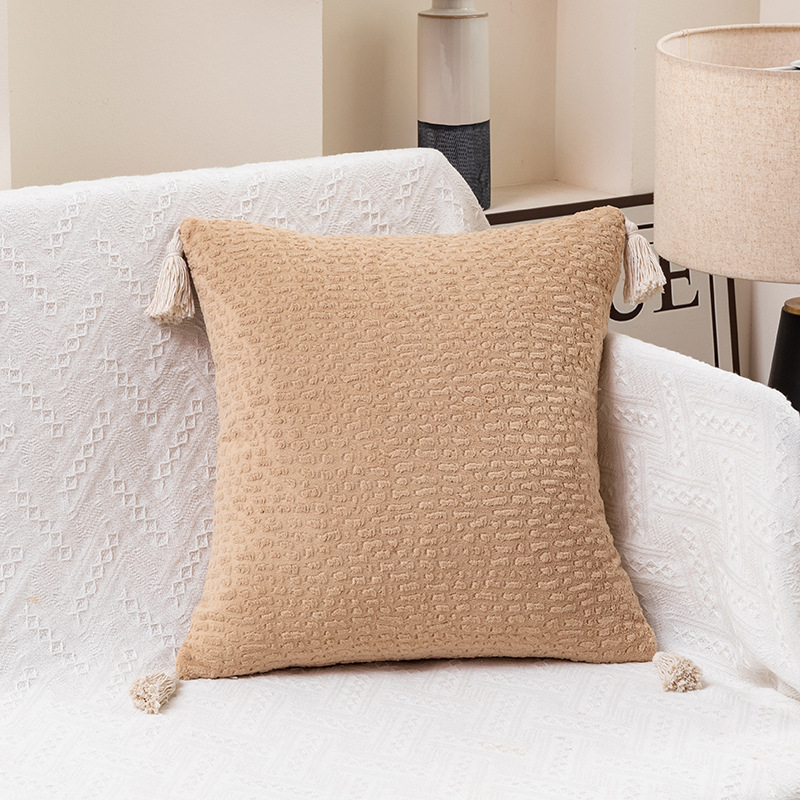 V888-ELOSUNG20702-202502281042-00 Milk tea yellow Set of 2 Textured Velvet Throw Pillow Covers with Tassels - Decorative Square Cushions 45*45cm - Image 1