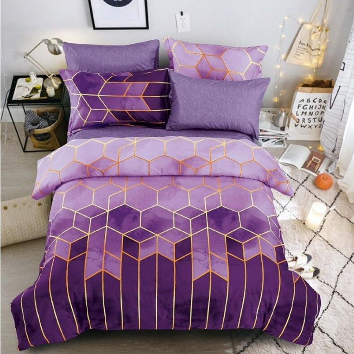 V888-ELOSUNG20769-202503031003-00 Geometric Print Duvet Cover - 3 Piece Purple Ombre Bedding Set Quilt cover 230X265cm-Pillowcase 51X92cm - Image 1