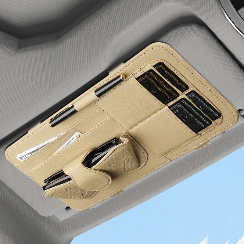 V888-ELOSUNG20858-202503071418-00 Khaki Car Organizer - Sun Visor Clip with Sunglasses Holder, Card Holder, Cash Pocket - Image 1