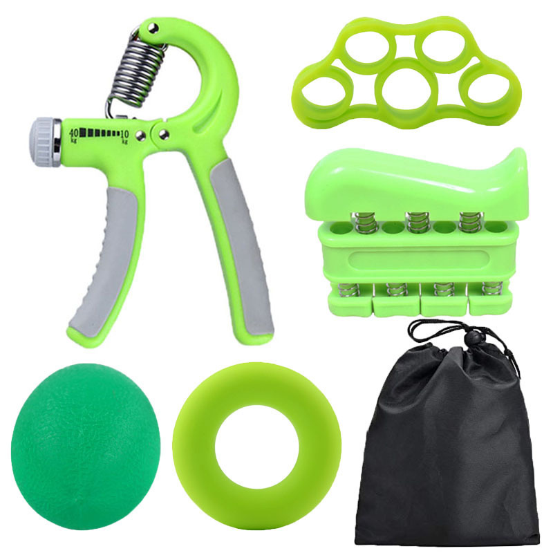 V888-ELOSUNG21056-225896-00 Green 5-Piece Hand Grip Strength Training Set - Adjustable Grip Exerciser, Silicone Grip Rings & Grip Ball - Image 1