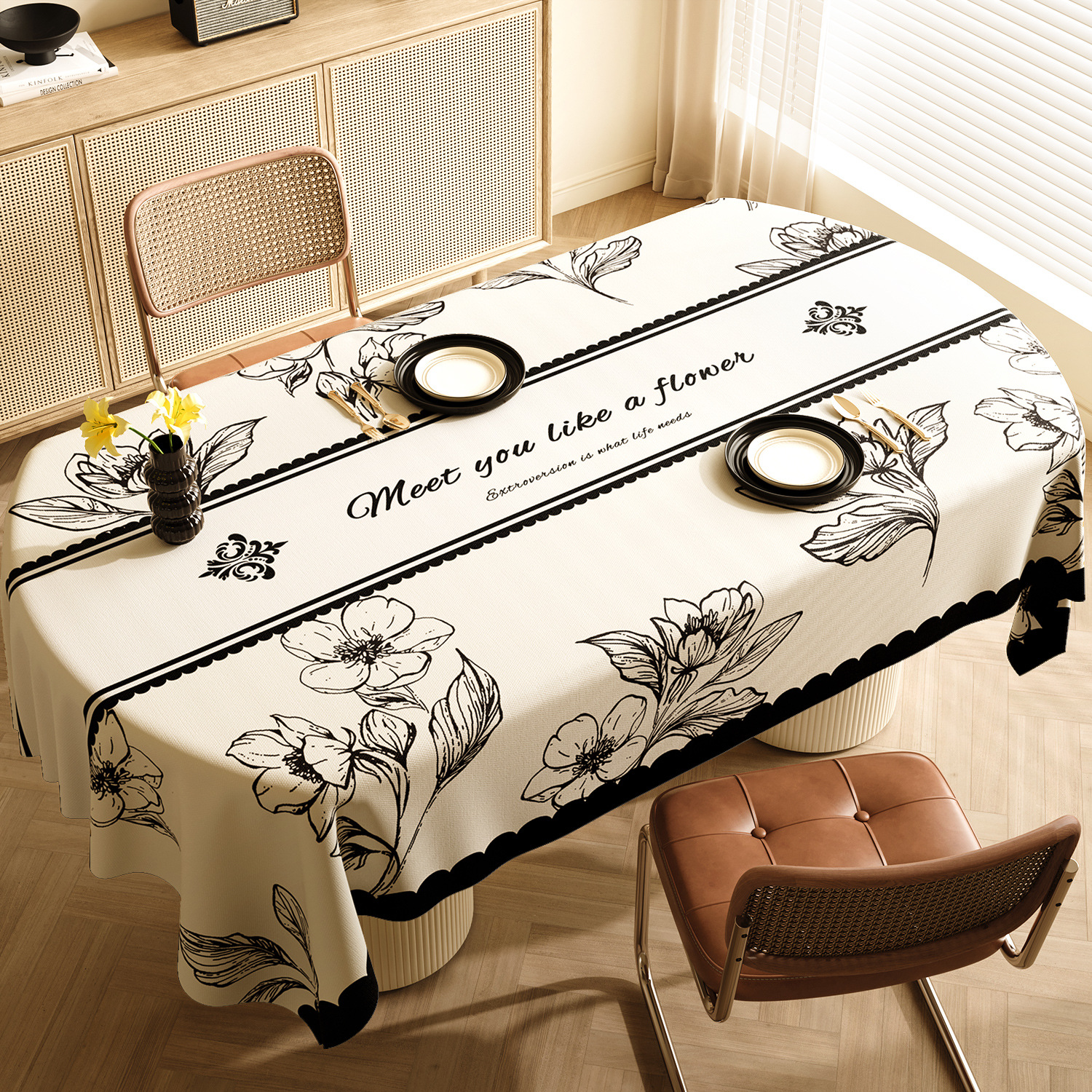 V888-ELOSUNG21084-225962-00 Style D Black And Off White Premium PVC Tablecloth - Oil & Water Resistant Table Cover for Dining Tables (120 x 180 cm) - Image 1